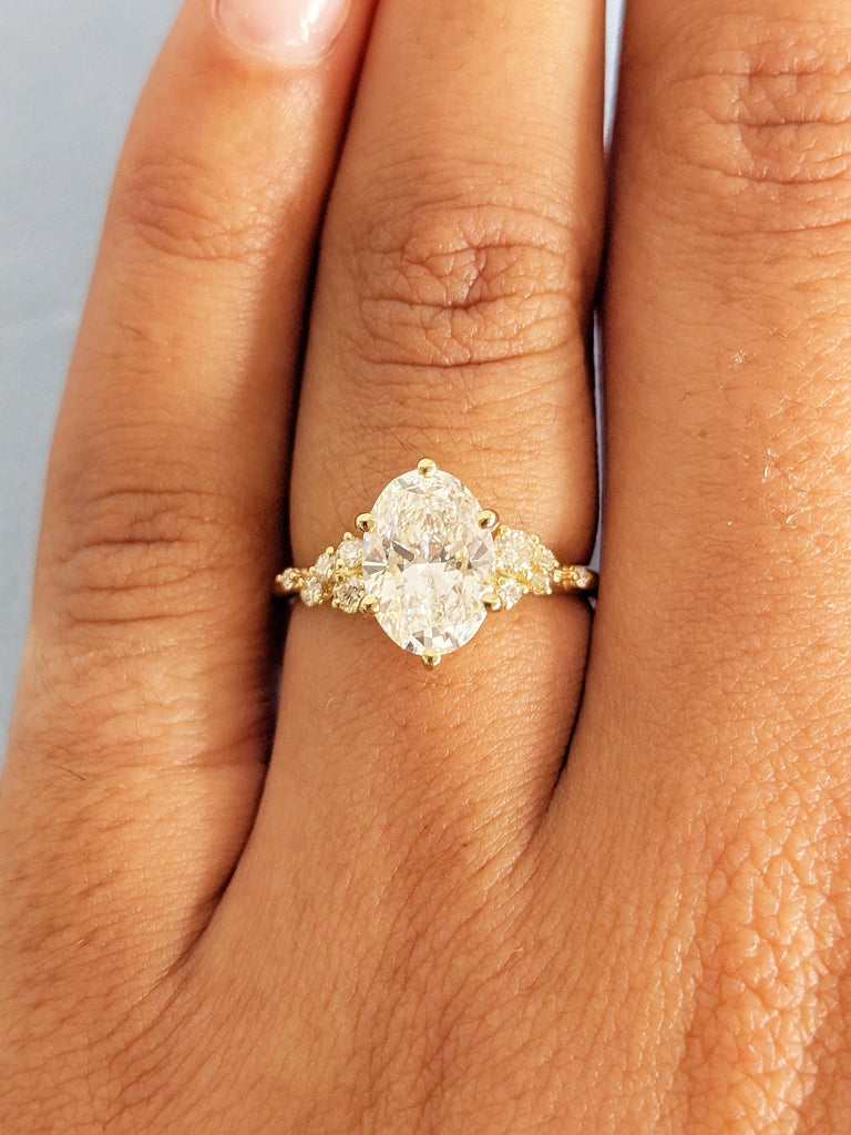 Art Deco Lab Grown Diamond Ring, Oval Cut Ring, Dainty 14K Yellow Gold Engagement Ring, Snowdrift Diamond Cluster Ring, Unique Gift for Wife