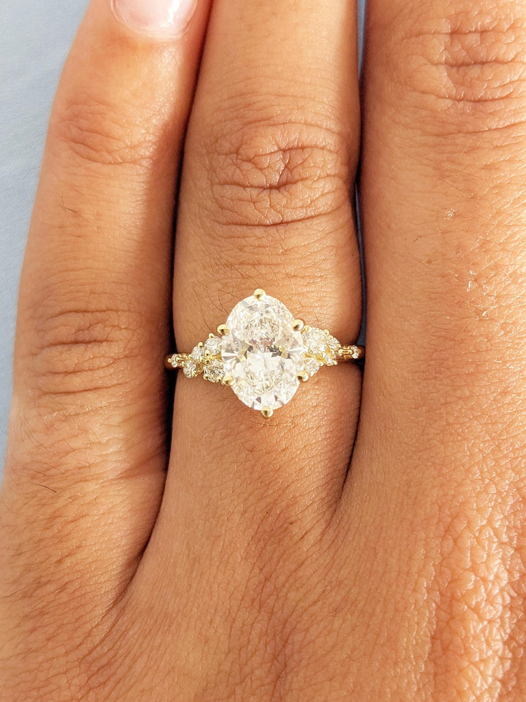14k Yellow Gold Moissanite Ring, Oval Engagement Ring, Diamond Cluster Ring, Big Statement Ring