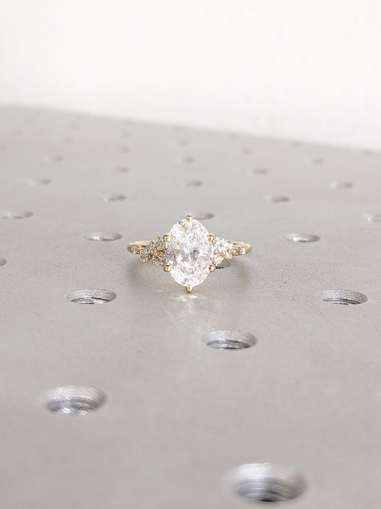 14k Yellow Gold Moissanite Ring, Oval Engagement Ring, Diamond Cluster Ring, Big Statement Ring