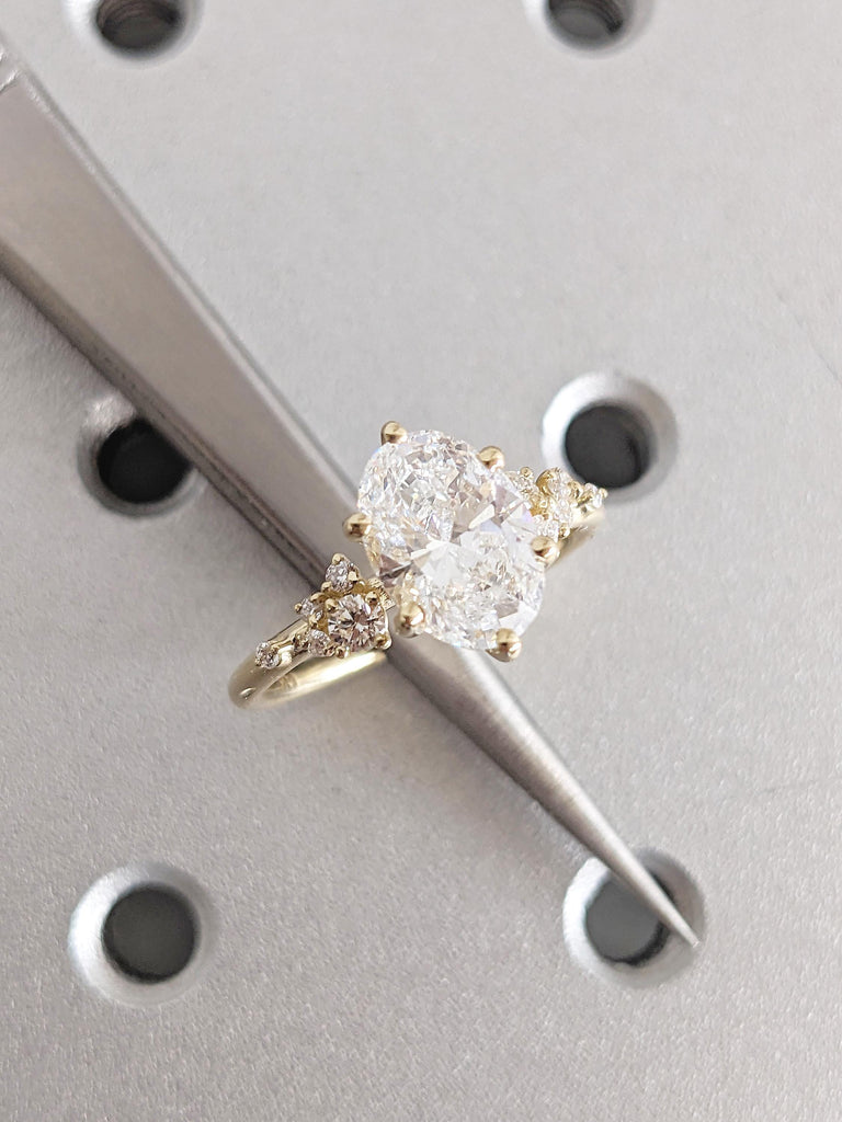 14k Yellow Gold Moissanite Ring, Oval Engagement Ring, Diamond Cluster Ring, Big Statement Ring