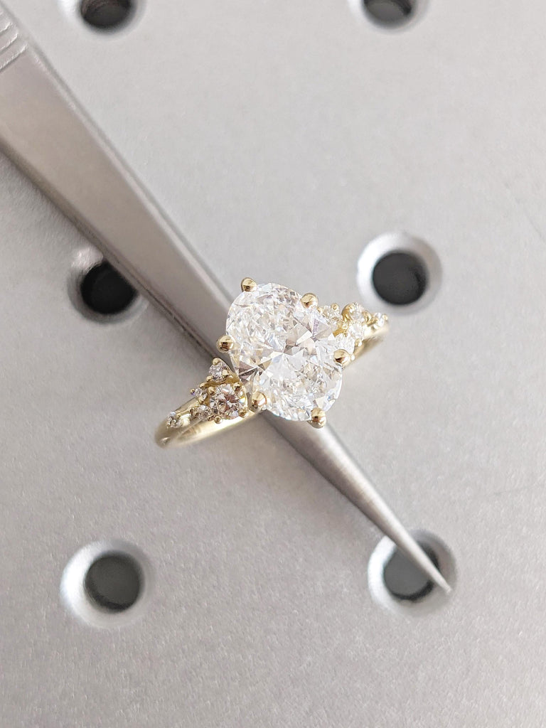 Art Deco Lab Grown Diamond Ring, Oval Cut Ring, Dainty 14K Yellow Gold Engagement Ring, Snowdrift Diamond Cluster Ring, Unique Gift for Wife