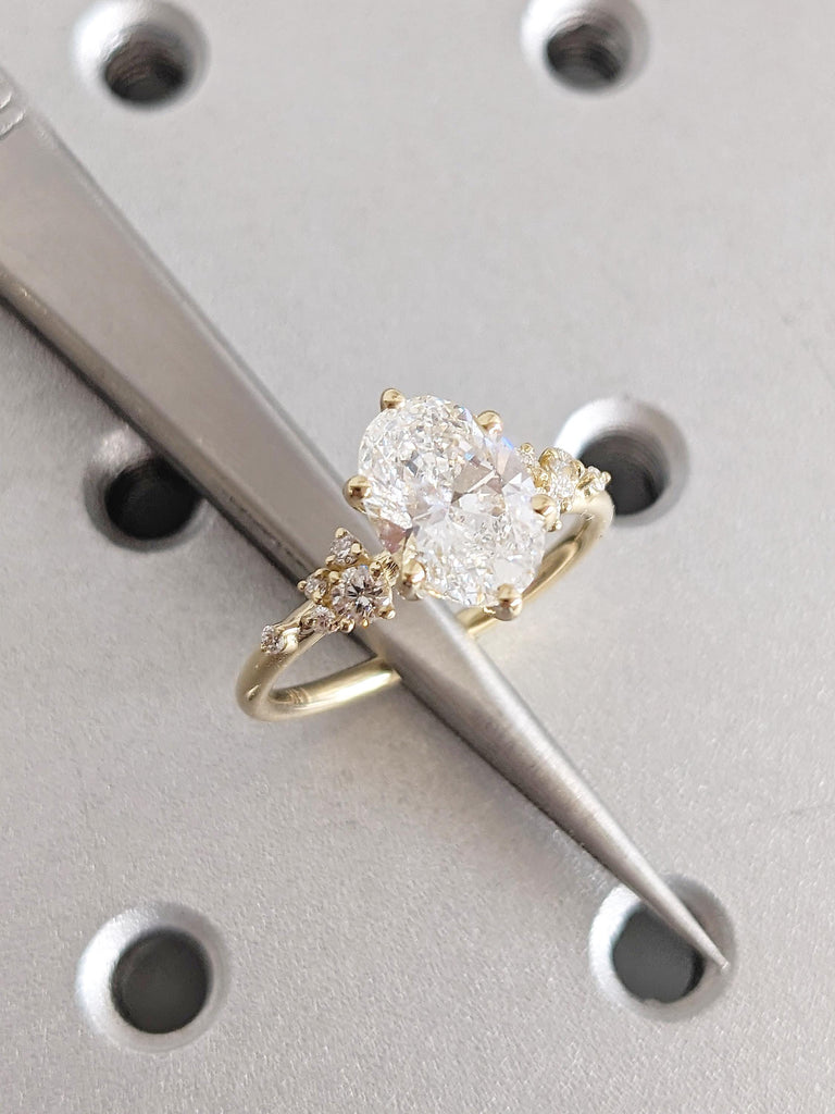 Art Deco Lab Grown Diamond Ring, Oval Cut Ring, Dainty 14K Yellow Gold Engagement Ring, Snowdrift Diamond Cluster Ring, Unique Gift for Wife