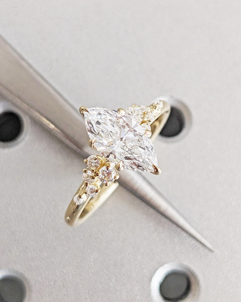 Marquise Lab Grown Cluster Ring | IGI Certified Lab Diamond | Diamond, Lab Diamond or Moissanite Snowdrift Cluster | 14K Yellow Gold