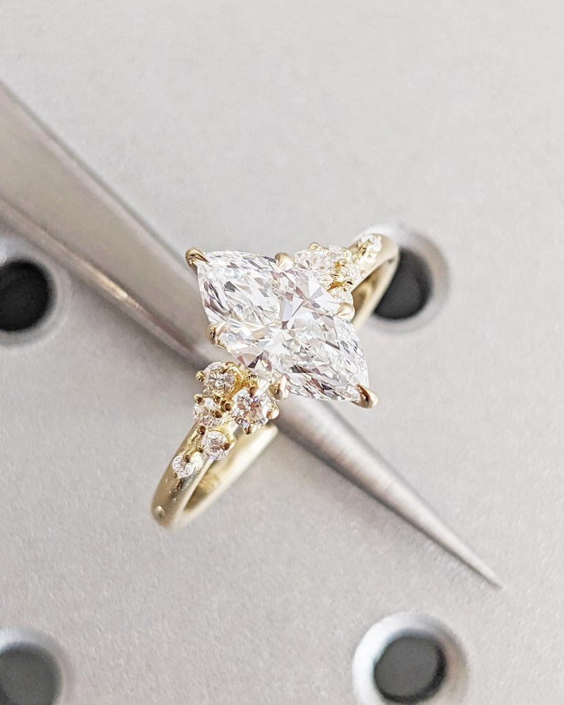 Marquise Diamond Engagement Ring / Marquise Lab Grown Diamond Ring / Unique Proposal Ring / Snowdrift Diamond Cluster Promise Ring 14K Gold