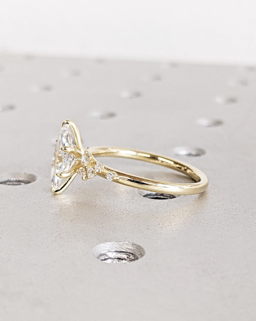 Unique Art Deco Marquise Cut Moissanite Ring | Round Diamond, Lab Diamond or Moissanite Snowdrift Cluster Promise Ring | 14K Yellow Gold