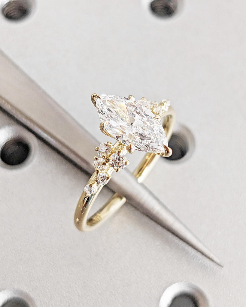 Unique Art Deco Marquise Cut Moissanite Ring | Round Diamond, Lab Diamond or Moissanite Snowdrift Cluster Promise Ring | 14K Yellow Gold