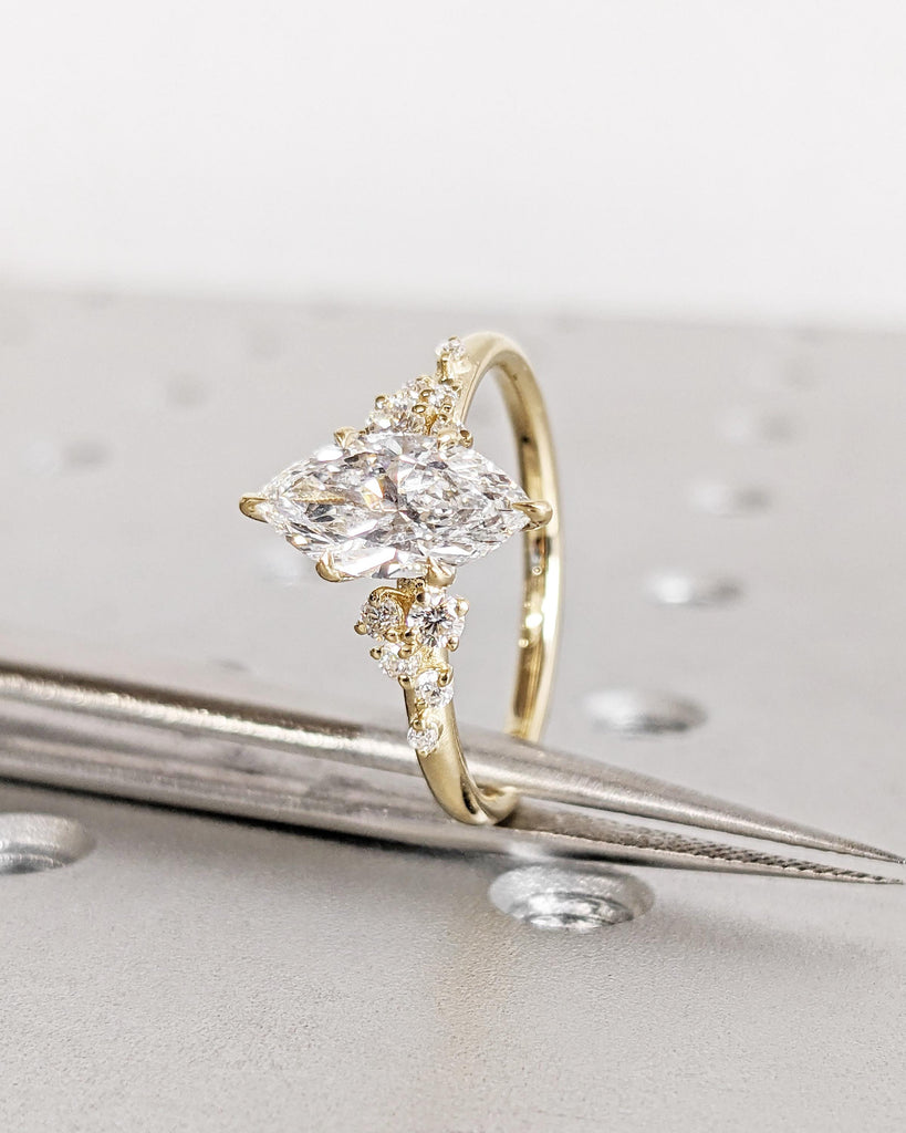 Unique Art Deco Marquise Cut Moissanite Ring | Round Diamond, Lab Diamond or Moissanite Snowdrift Cluster Promise Ring | 14K Yellow Gold