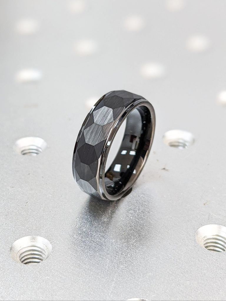 7mm Tungsten Male Wedding Bands | Hammered Comfort Fit Wedding Band | Black Tungsten Carbide Rings | Rustic Mens Ring | 7MM Wide Black Ring