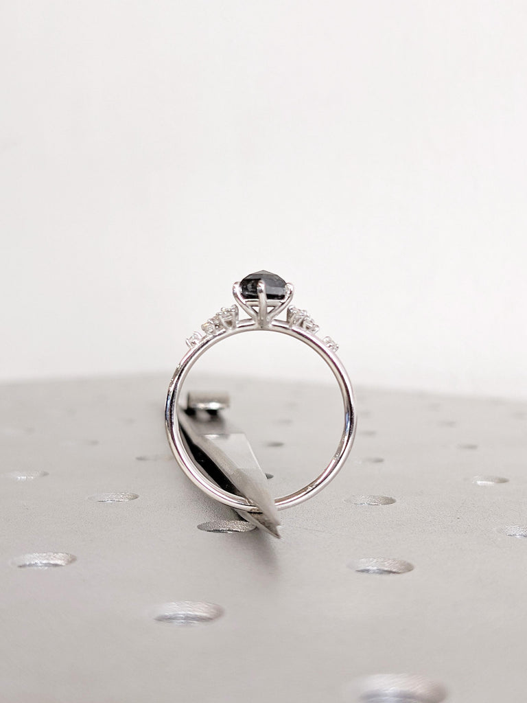 Hexagon Salt and Pepper Diamond Engagement Ring, 14K White Gold Wedding Ring, Snowdrift Diamond Cluster Ring, Unique Promise Ring For Her