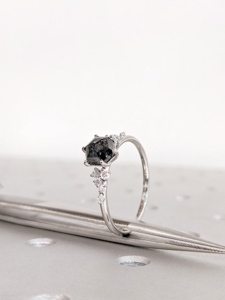 Hexagon Salt and Pepper Diamond Engagement Ring, 14K White Gold Diamond Cluster Ring, Unique Diamond Wedding Ring