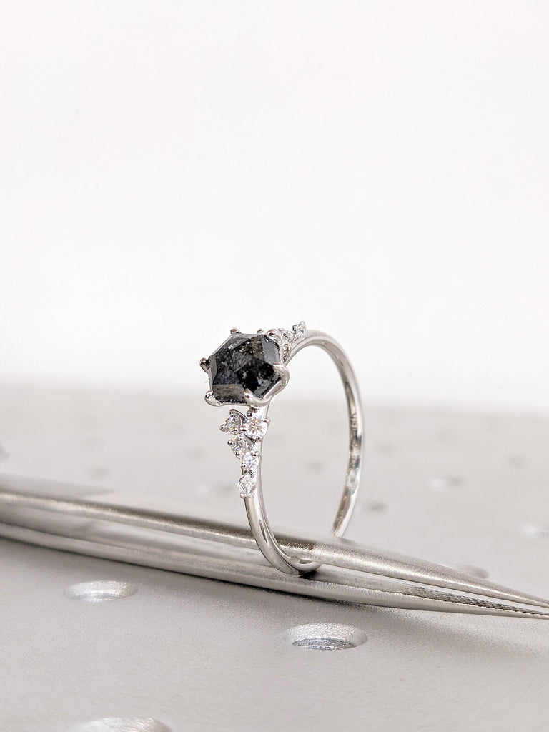 Hexagon Salt and Pepper Diamond Engagement Ring, 14K White Gold Wedding Ring, Snowdrift Diamond Cluster Ring, Unique Promise Ring For Her