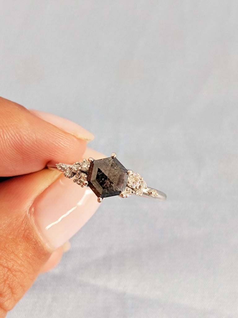 Hexagon Salt and Pepper Diamond Engagement Ring, 14K White Gold Diamond Cluster Ring, Unique Diamond Wedding Ring
