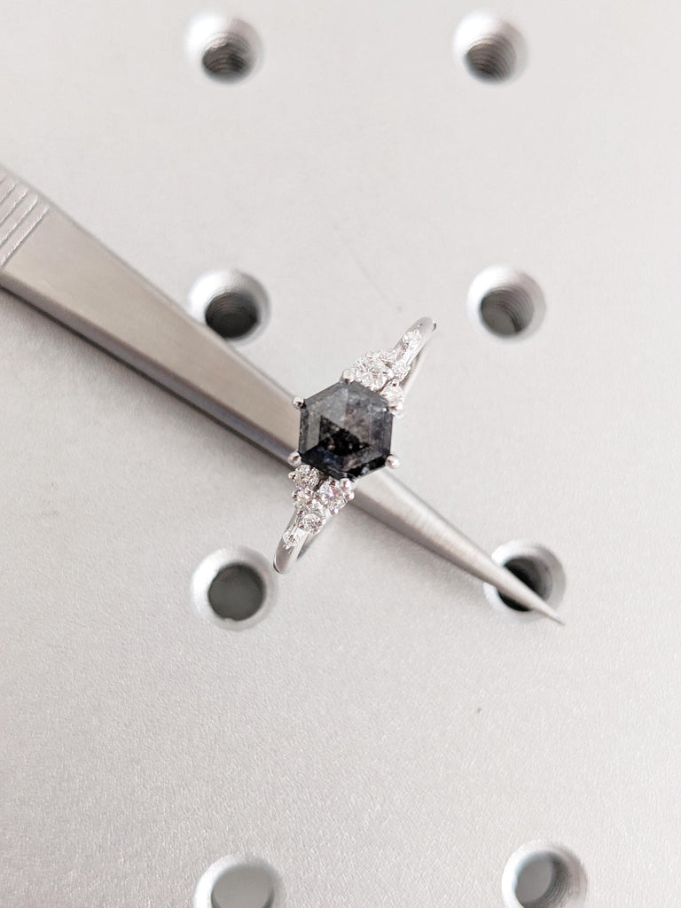 Hexagon Salt and Pepper Diamond Engagement Ring, 14K White Gold Wedding Ring, Snowdrift Diamond Cluster Ring, Unique Promise Ring For Her