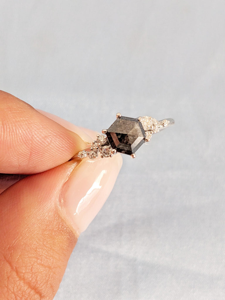Hexagon Salt and Pepper Diamond Engagement Ring, 14K White Gold Diamond Cluster Ring, Unique Diamond Wedding Ring