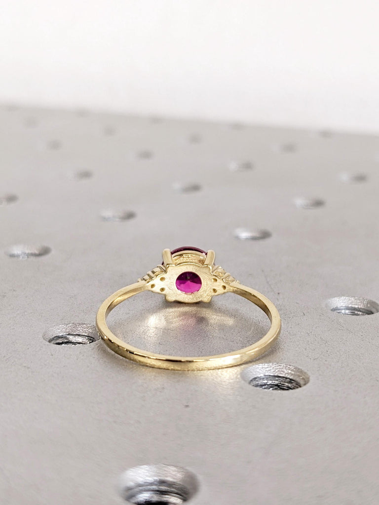 Round Lab Grown Ruby Engagement Ring, 14K Yellow Gold Diamond Cluster Birthstone Ring, Vintage Inspired Ruby Jewelry, Ruby Ring Gift For Her