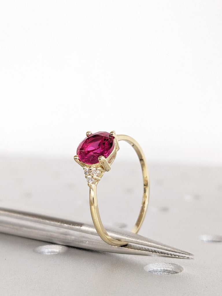 Round Lab Grown Ruby Engagement Ring, 14K Yellow Gold Diamond Cluster Birthstone Ring, Vintage Inspired Ruby Jewelry, Ruby Ring Gift For Her
