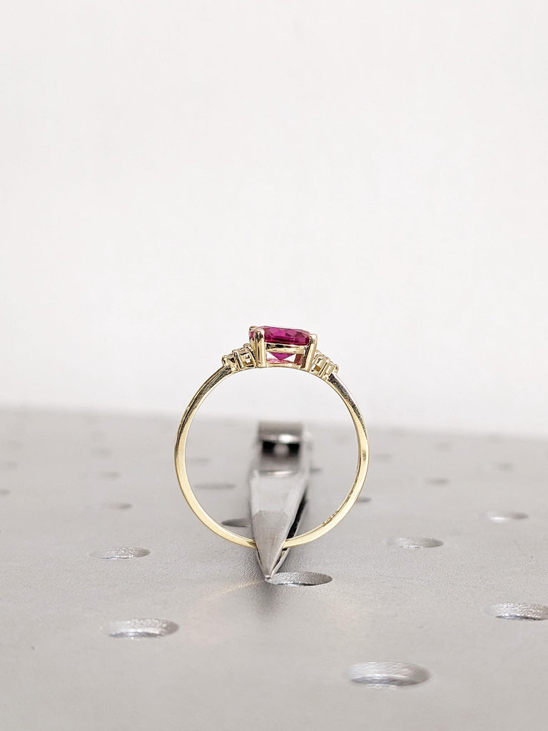 Round Lab Grown Ruby Engagement Ring, 14K Yellow Gold Diamond Cluster Birthstone Ring, Vintage Inspired Ruby Jewelry, Ruby Ring Gift For Her