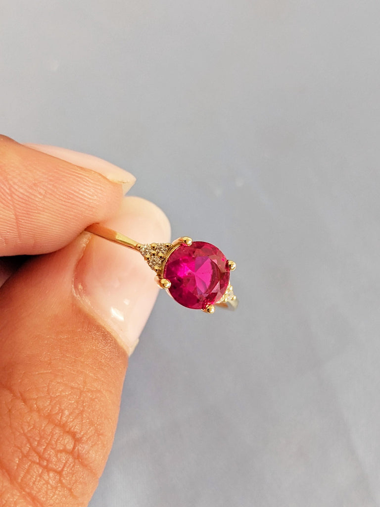 Round Lab Grown Ruby Engagement Ring, 14K Yellow Gold Diamond Cluster Birthstone Ring, Vintage Inspired Ruby Jewelry, Ruby Ring Gift For Her