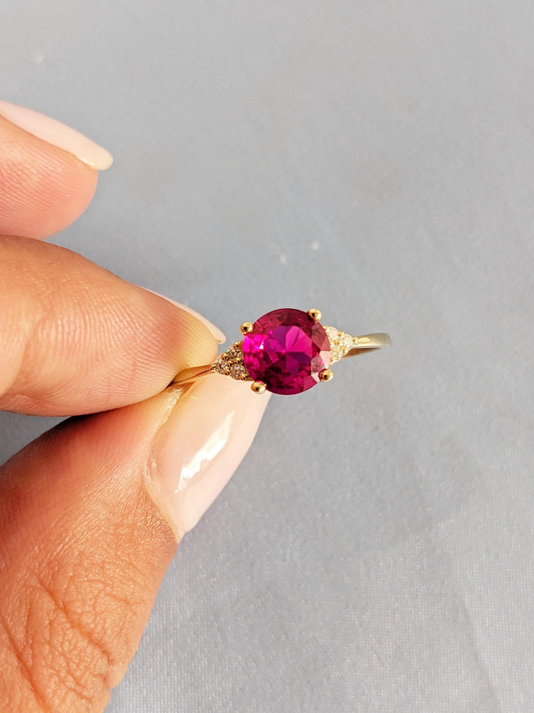 Round Lab Grown Ruby Engagement Ring, 14K Yellow Gold Diamond Cluster Birthstone Ring, Vintage Inspired Ruby Jewelry, Ruby Ring Gift For Her