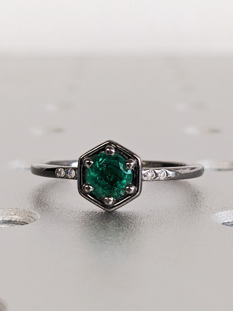 Thin 14K Solid Black Gold Emerald Wedding Band, Round Green Natural Emerald Ring, Diamond Bezel Wedding Anniversary Ring, Taurus Birthstone