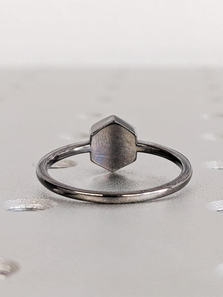 Thin 14K Solid Black Gold Emerald Wedding Band, Round Green Natural Emerald Ring, Diamond Bezel Wedding Anniversary Ring, Taurus Birthstone