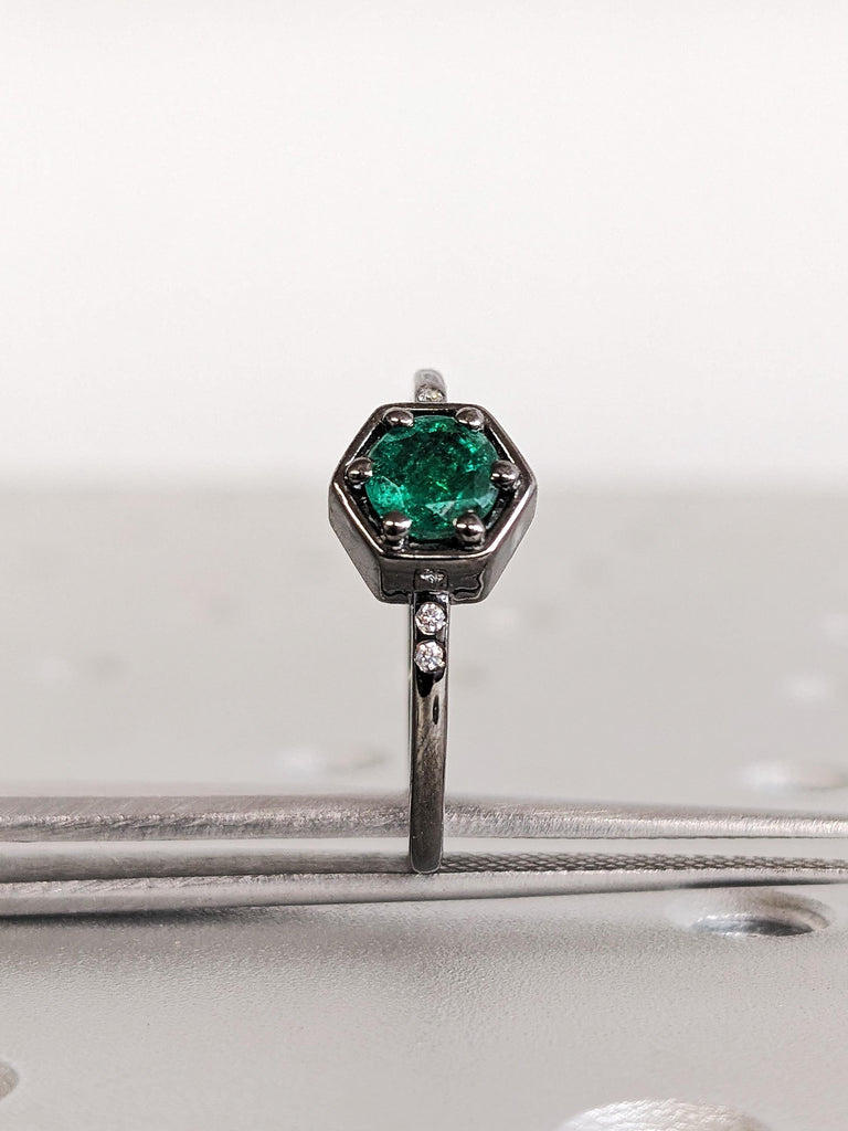 Thin 14K Solid Black Gold Emerald Wedding Band, Round Green Natural Emerald Ring, Diamond Bezel Wedding Anniversary Ring, Taurus Birthstone