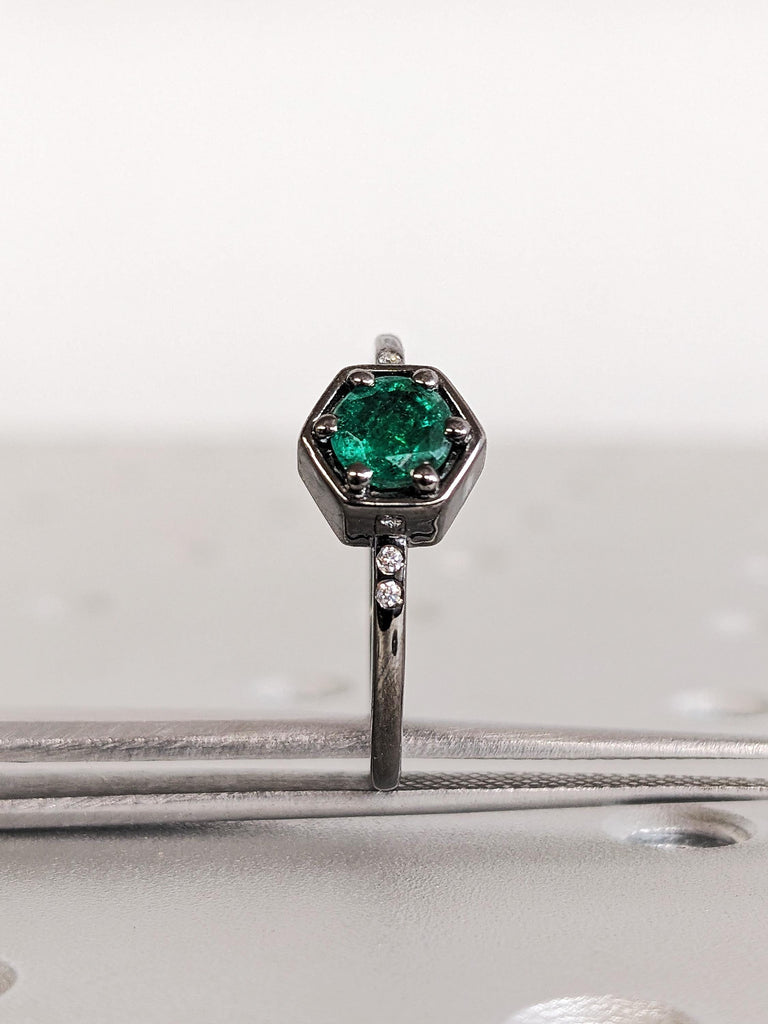 Green Taurus Emerald Engagement Ring, Round Diamond Octagonal Bezel Band, 14K Solid Black Gold Women's Ring