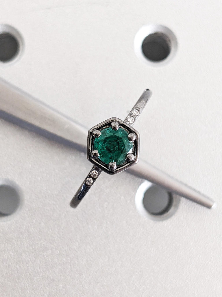 Thin 14K Solid Black Gold Emerald Wedding Band, Round Green Natural Emerald Ring, Diamond Bezel Wedding Anniversary Ring, Taurus Birthstone