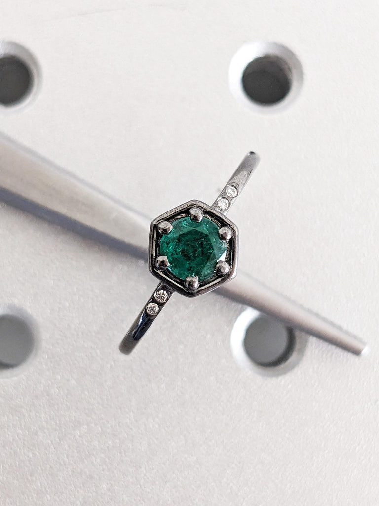 Green Taurus Emerald Engagement Ring, Round Diamond Octagonal Bezel Band, 14K Solid Black Gold Women's Ring