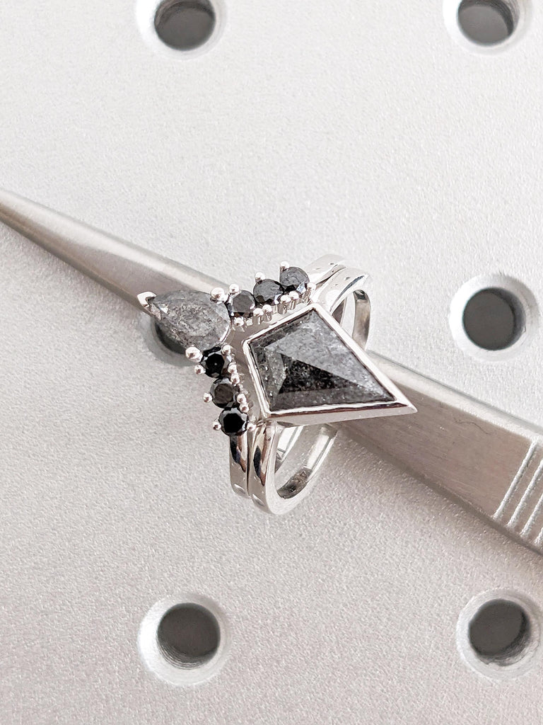 Kite Cut Salt and Pepper Diamond Engagement Ring Set, 14k White Gold Ring
