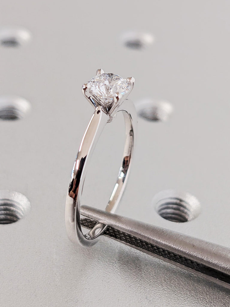 Solitaire Round Moissanite Engagement Ring, Minimalist 14K White Moissanite Wedding Band