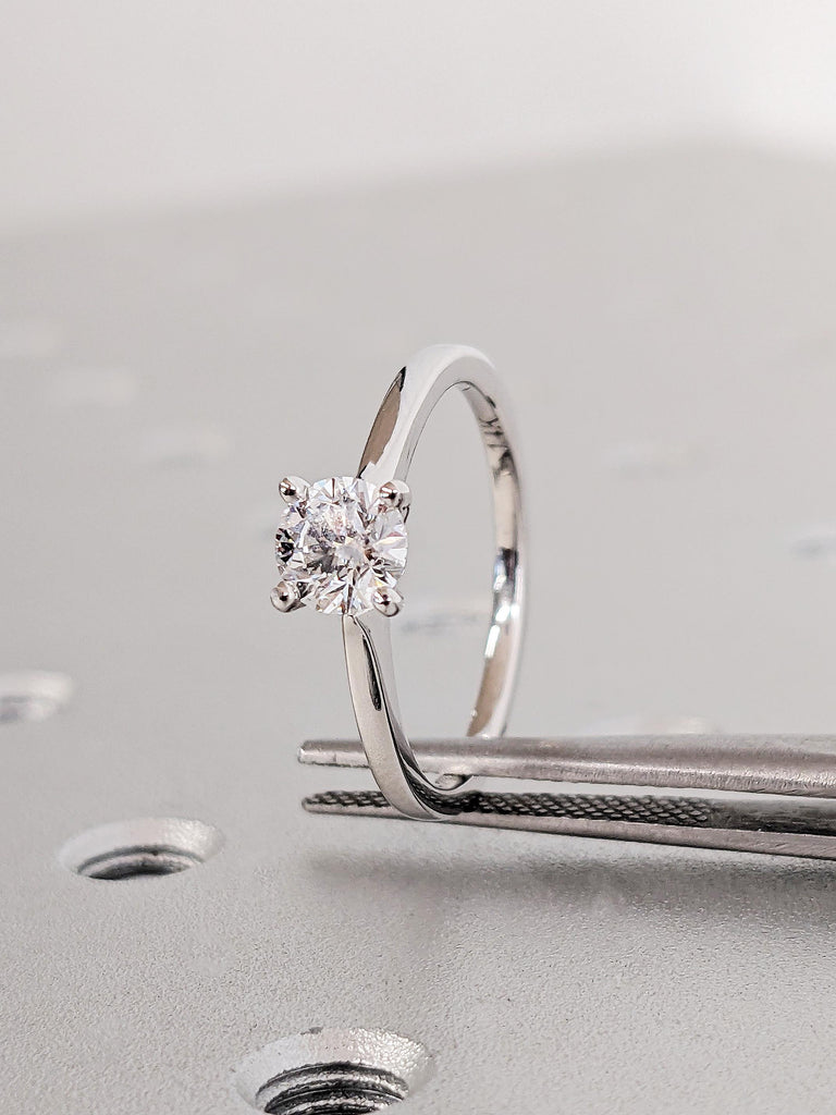 Solitaire Round Moissanite Engagement Ring, Minimalist 14K White Moissanite Wedding Band