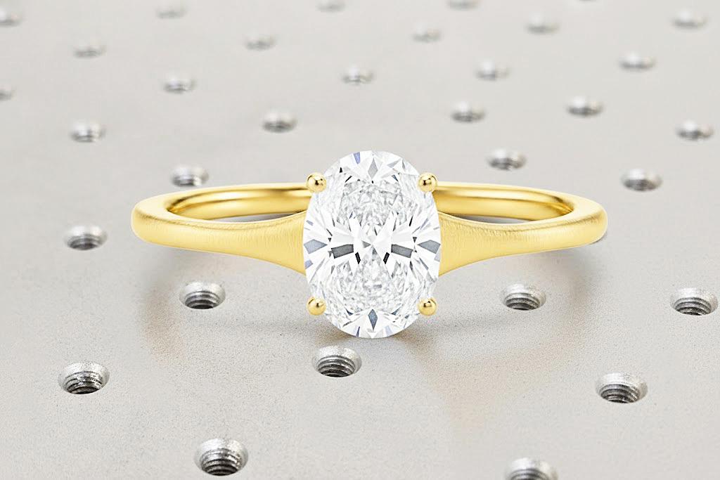 0.5 CT Oval cut Moissanite Solitaire Engagement in 14K Yellow Gold Ring with Modern Tapered Shank Minimalist Design