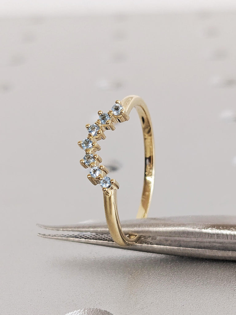 Gold Aquamarine Matching Engagement Ring, Dainty Curved Blue Stone Wedding Band, Pisces Birthstone Ring, Women's Everyday Jewelry