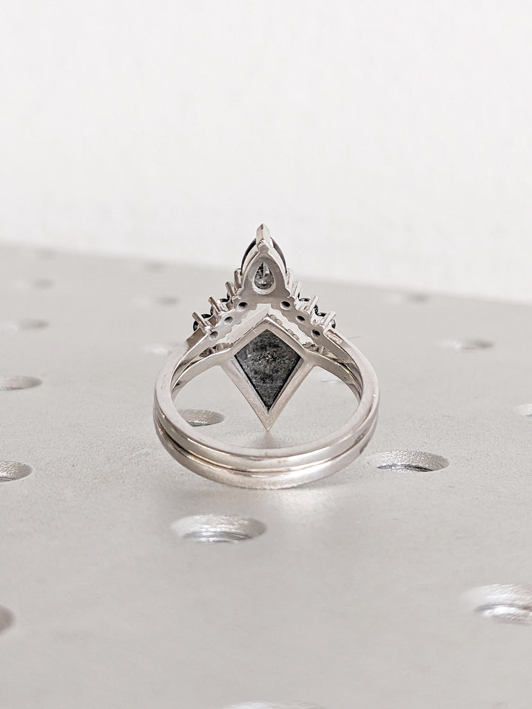 Kite Cut Salt and Pepper Diamond Engagement Ring Set, 14k White Gold Ring, Diamond Statement Ring, Black Diamond Wedding Ring, Bridal Ring