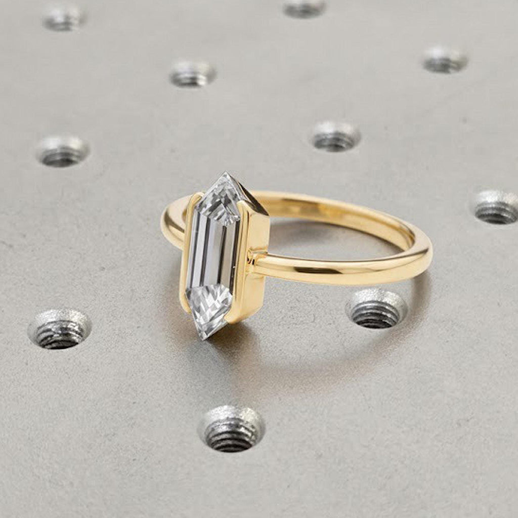 Half Bezel Hexagon Engagement Ring, Moissanite Wedding Ring, Statement Ring, Hexagon Cut Wedding Ring, Kite Shape Ring, 14K 18K Solid Gold Rings