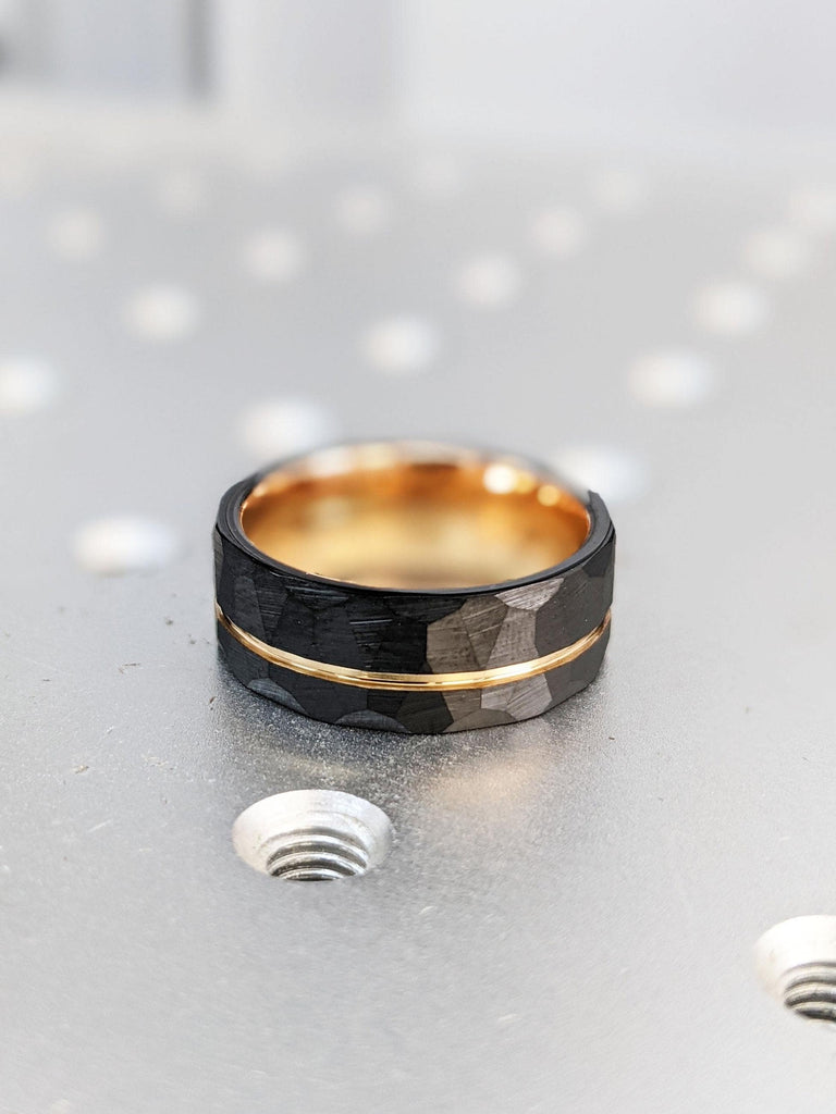 Mens Tungsten Engagement Ring: 8MM Wide Comfort Fit, Black Brushed Finish Hammered Facet, Rose Gold Stripe & Inlay