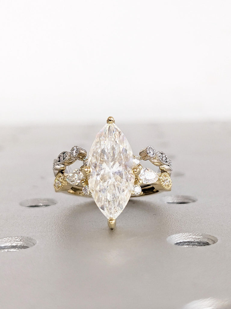 Art Deco Moissanite Engagement Ring Set, Marquise Cut Wedding Ring Set, 14K Yellow Gold Ring Set with Milgrain Diamond Matching Ring For Her