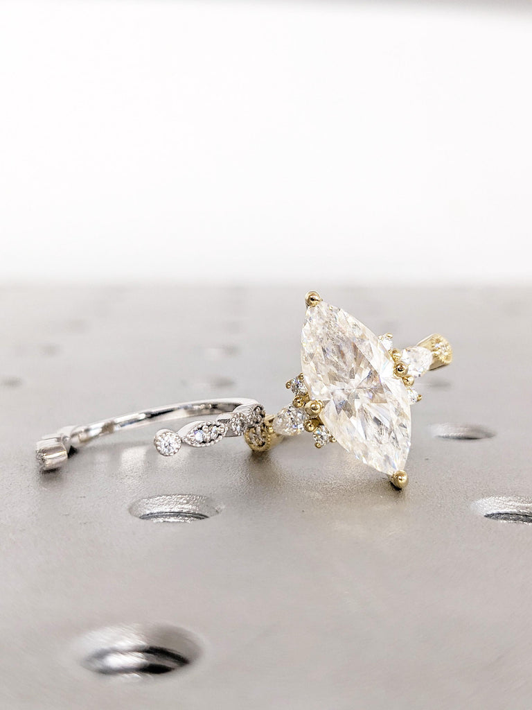 Art Deco Marquise Moissanite Ring Set: 14K Gold Wedding Set for Her