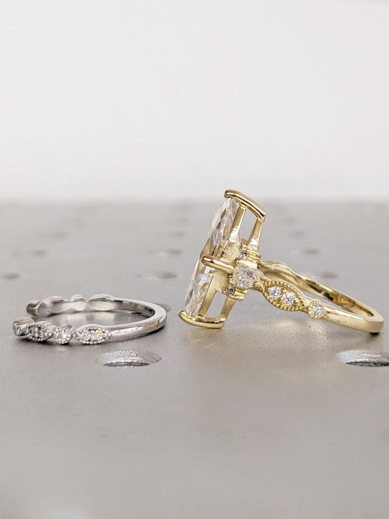 Moissanite Bridal Ring Set, 14K Yellow Gold Marquise Moissanite Engagement Ring Set, Round Lab Diamond Matching Ring, Wedding Bridal Jewelry