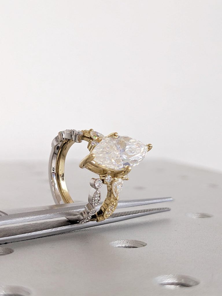 Marquise Lab Diamond Bridal Set: 14K Gold Pave Engagement Ring