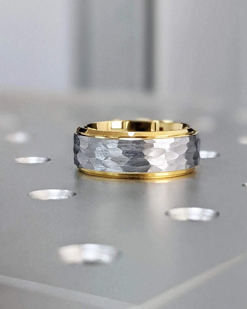 8mm Hammered Tungsten Men&#39;s Wedding Band: Yellow Gold Plated Interior, Silver Color Tungsten Carbide Exterior, Beveled Edge Tungsten Ring for Him
