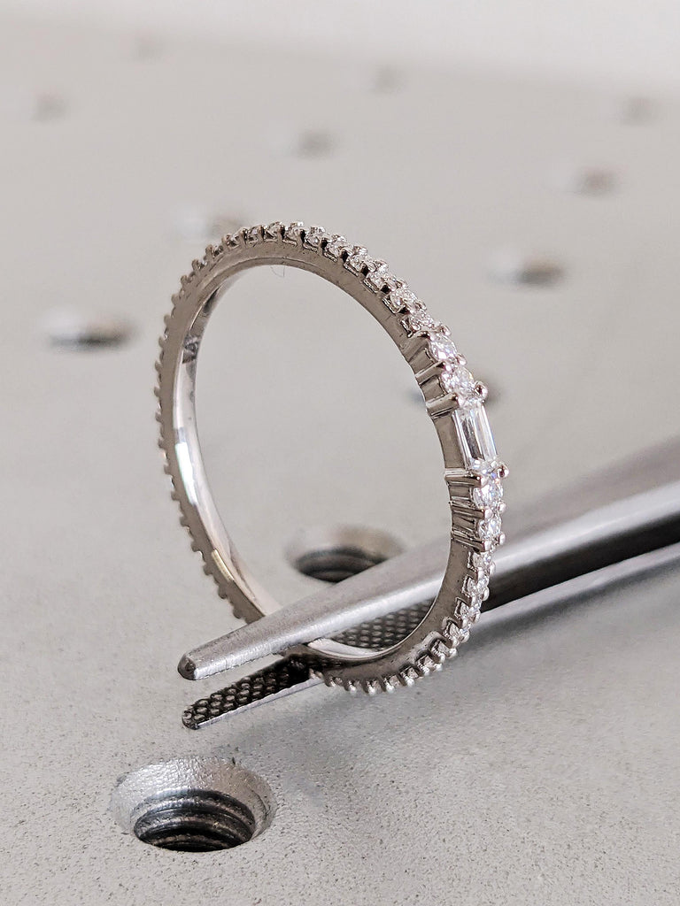 Diamond Stacking Ring, Dainty 14K Gold White Diamond Wedding Band, Thin Full Eternity Matching Engagement Ring, Custom Bridal Jewelry