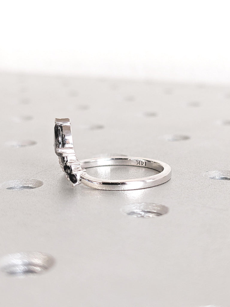 Diamond Wedding Band, Dainty 14k White Gold Band, V Shaped Ring, Stackable Ring, Chevron Ring