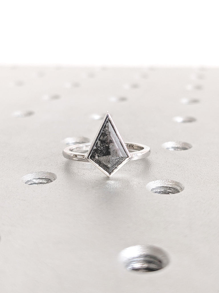 Bezel Ring, Salt and Pepper Diamond Engagement Ring, Minimalist 14k White Gold Ring, Kite Ring