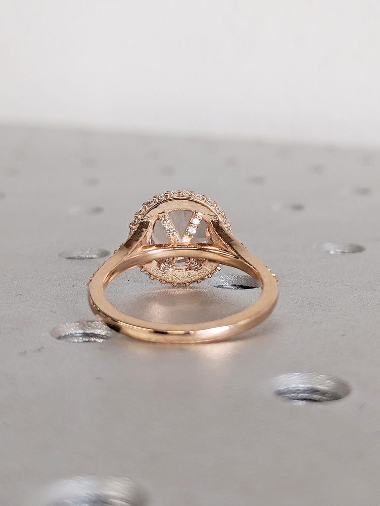18k Rose Gold Lab Morganite Engagement Ring, Diamond Eternity Band, Halo Ring, Promise Ring