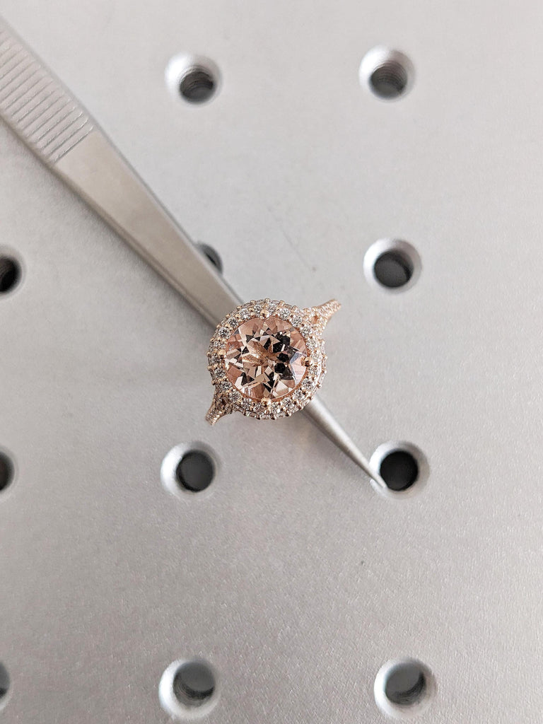 Round Morganite Ring, Halo Engagement Ring, Dainty 18k Rose Gold Ring, Diamond Hidden Halo, Art Deco Lab Morganite Wedding Ring, Bridal Ring
