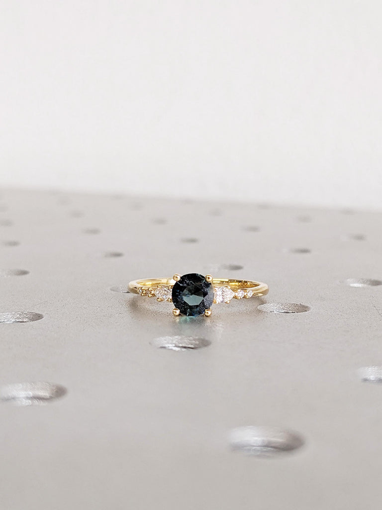 0.5ct Unique Round Sapphire Engagement Ring, 18K Yellow Solid Gold Sapphire Wedding Ring, Teal Peacock Sapphire Diamond Cluster Ring For Her