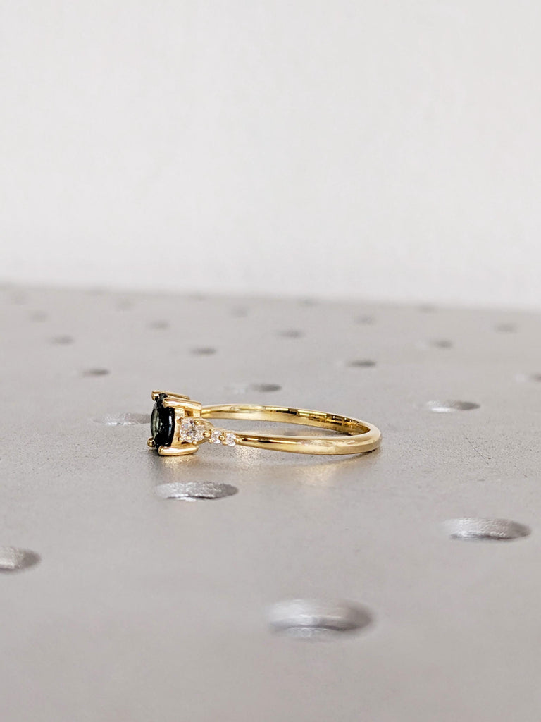 0.5ct Unique Round Sapphire Engagement Ring, 18K Yellow Solid Gold Sapphire Wedding Ring, Teal Peacock Sapphire Diamond Cluster Ring For Her