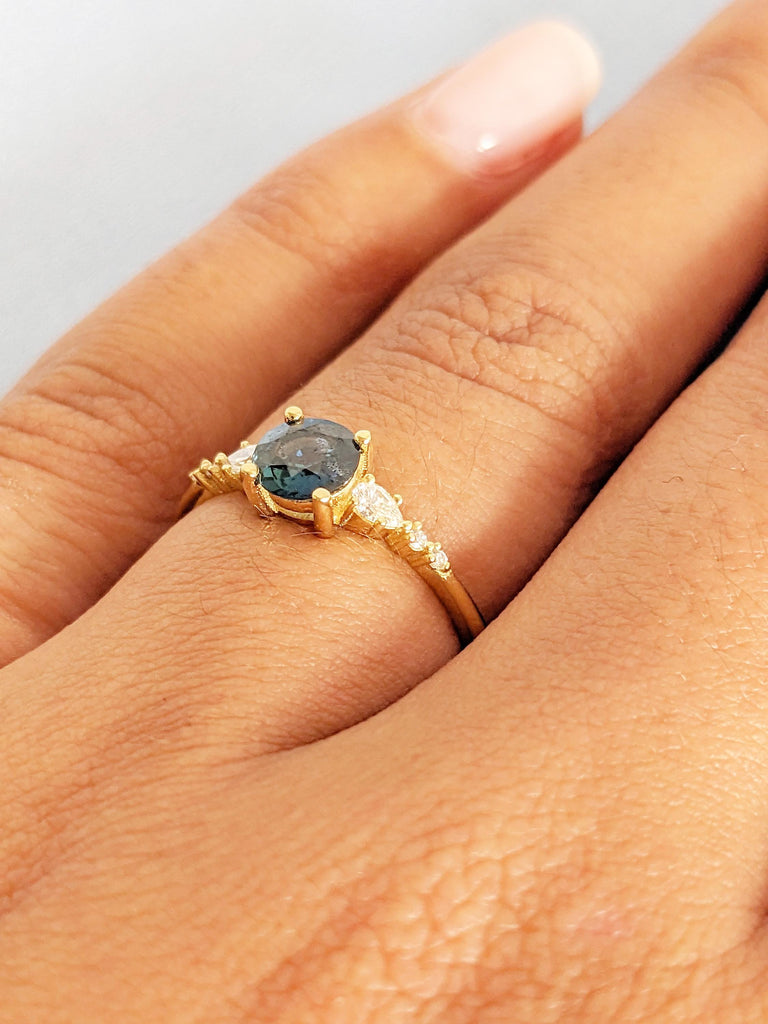 0.5ct Unique Round Sapphire Engagement Ring, 18K Yellow Solid Gold Sapphire Wedding Ring, Teal Peacock Sapphire Diamond Cluster Ring For Her